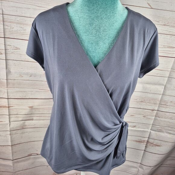 Tahari Faux Wrap Stretch Side Tie Blouse Size Medium Steel Blue Coquette Office - Picture 2 of 14